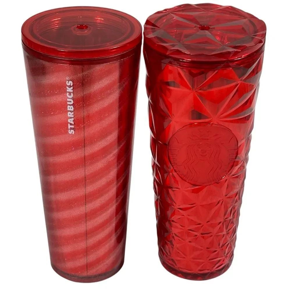 2 Starbucks Holiday Cold Cup Tumbler 24 Oz Red Prism, Peppermint. NO STRAW
